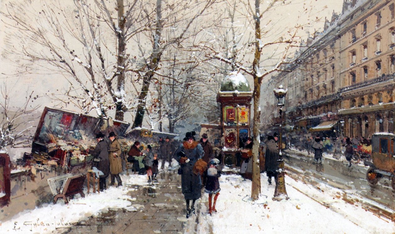 Bogboder om vinteren, Paris (gouache og wc på papir) af Eugene Galien Laloue