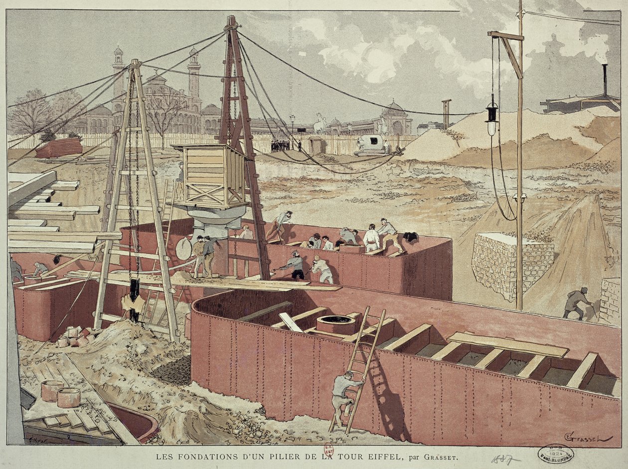 At lægge fundamentet til Eiffeltårnet, 1887 af Eugene Grasset