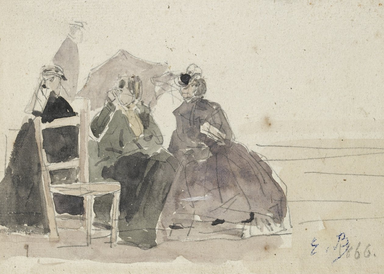 Tre kvinder siddende på stole på en strand (grafit på hvidt papir) af Eugene Louis Boudin