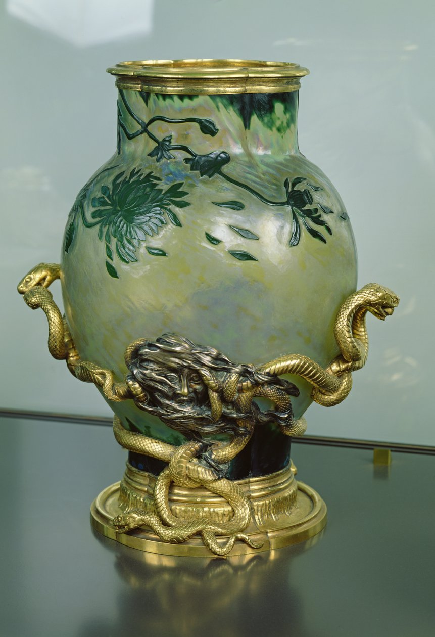 Krystalvase med stativ med sammenflettede slanger, ca. 1890 (bronze & glas) af Eugène Rousseau