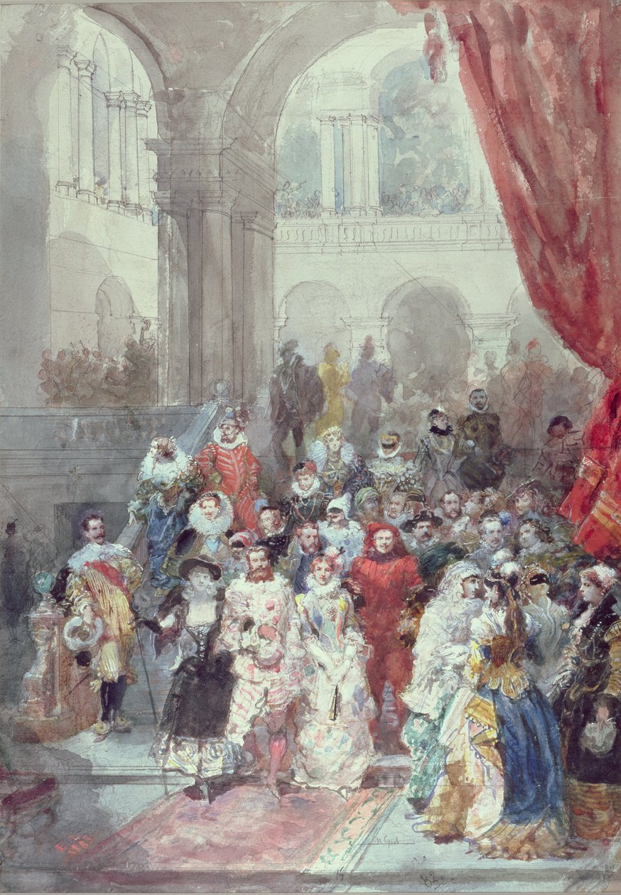 Studie til et kostumebal givet af prinsessen af Sagan, 1883 (wc med grafitundertegning forhøjet med hvidt på papir) af Eugene Louis Lami
