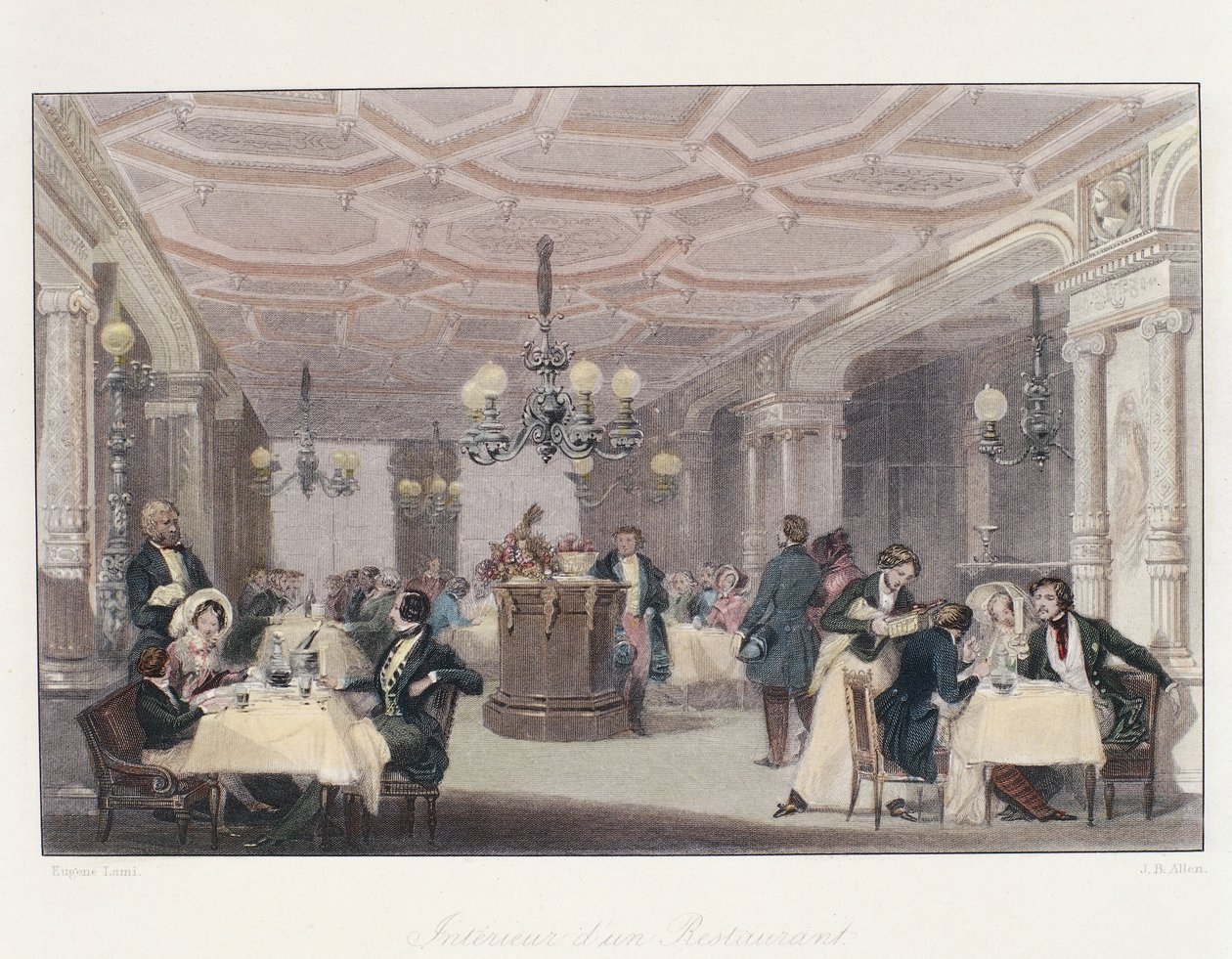 Frankrig, Paris, interiør af Les Trois Freres Provencaux Restaurant med indretning fra restaurationstiden, fra Winter in Paris, af Eugene Lami af Eugene Louis Lami