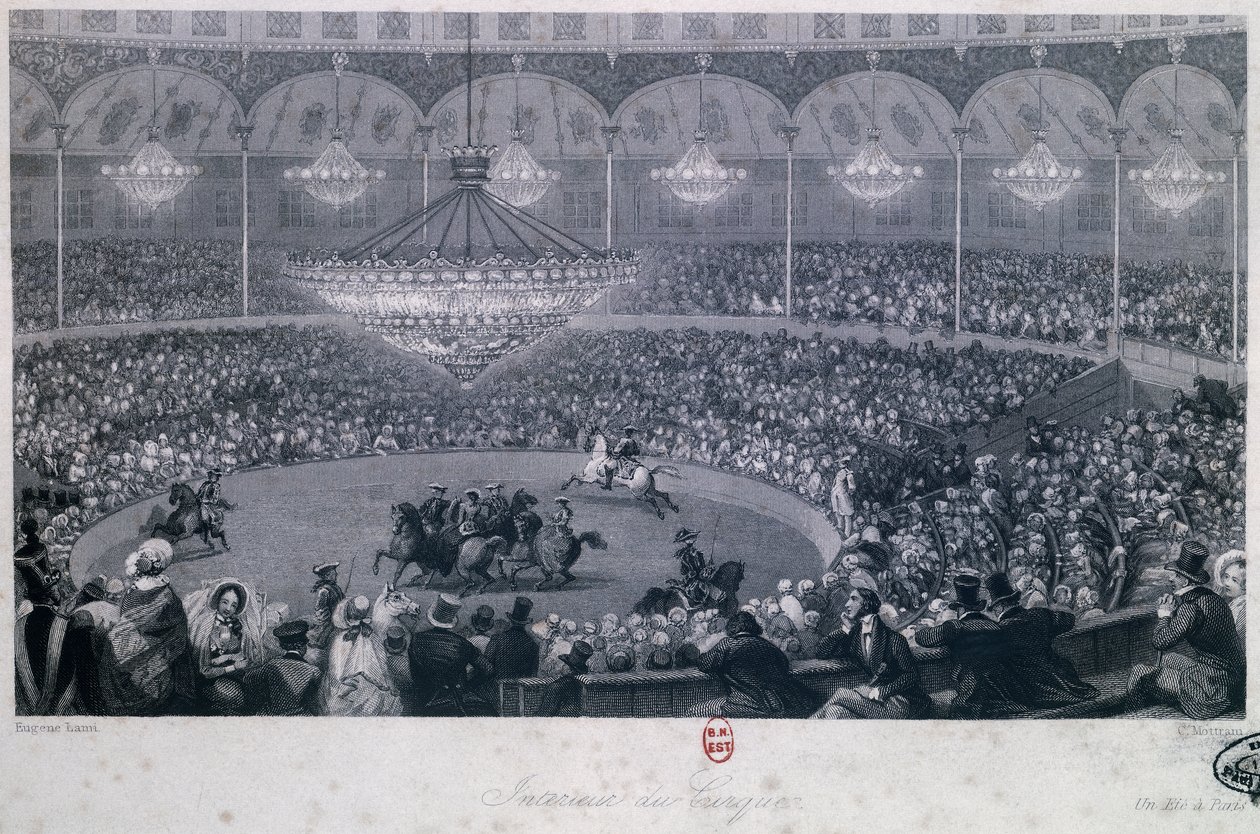 Hesteshow i Franconi cirkus, Champs Elysees, Paris, Eugene Louis Lami (1800-1890), indgraveret af Charles Mottram (1807-1876) taget fra Summer and Winter in Paris af Eugene Louis Lami