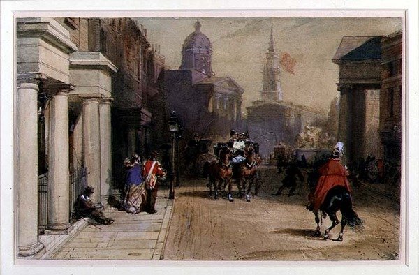 Trafalgar Square fra Pall Mall, ca. 1848-52 (akvarel og gouache over blyant på papir) af Eugene Louis Lami