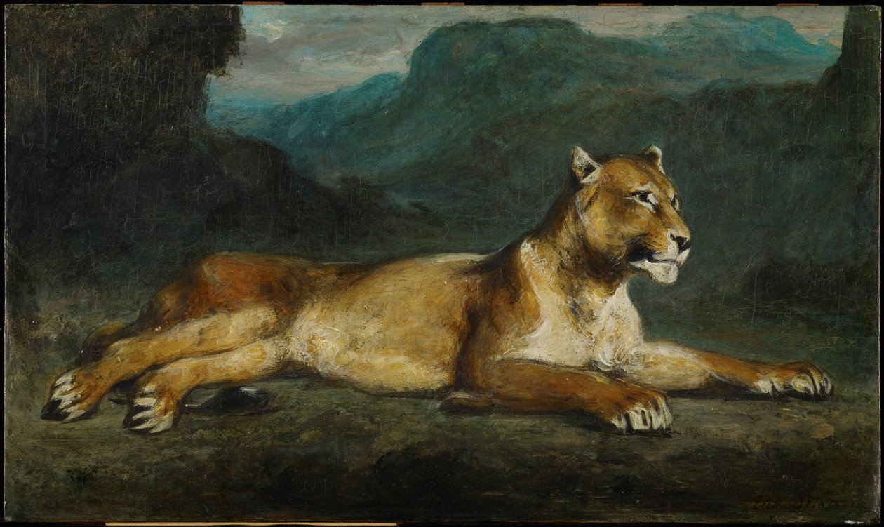 Løvinde tilbagelænet, ca. 1855 (olie på panel) af Eugene  Delacroix