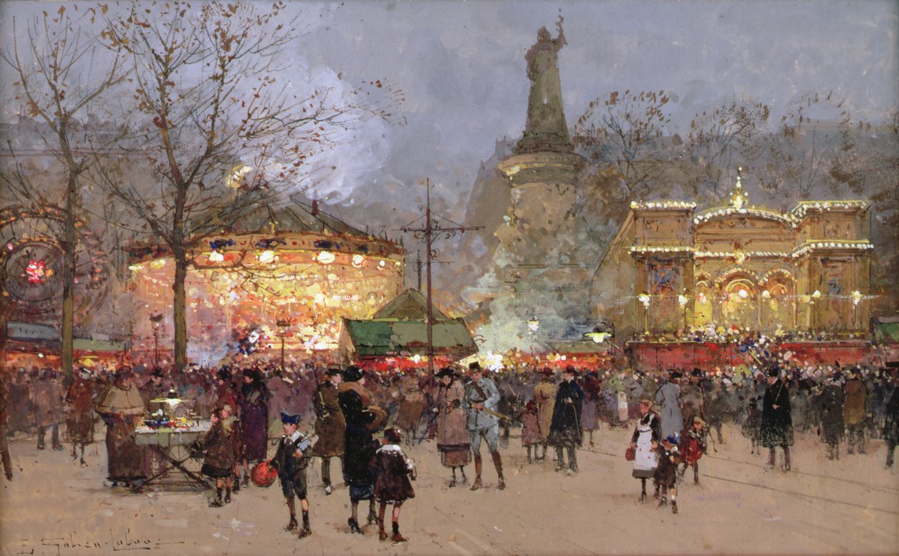 Fete, på Place de La Republique, Paris (sort kridt og gouache på papir) af Eugene Galien Laloue