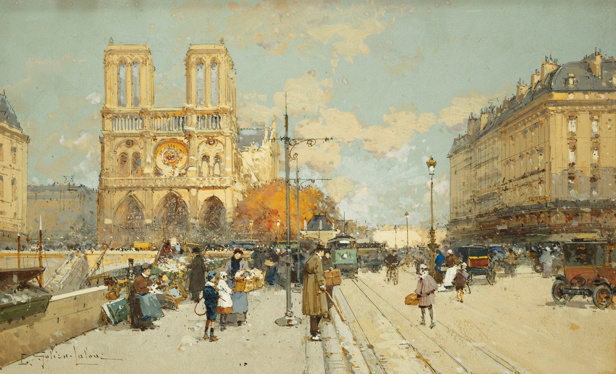 Figurer på en solrig parisisk gade, Notre Dame til venstre af Eugene Galien Laloue