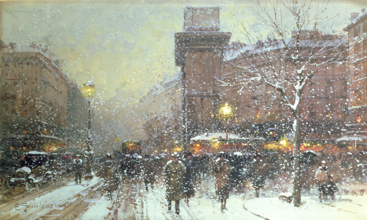Porte St. Martin, i Paris (sort kridt og gouache på papir) af Eugene Galien Laloue
