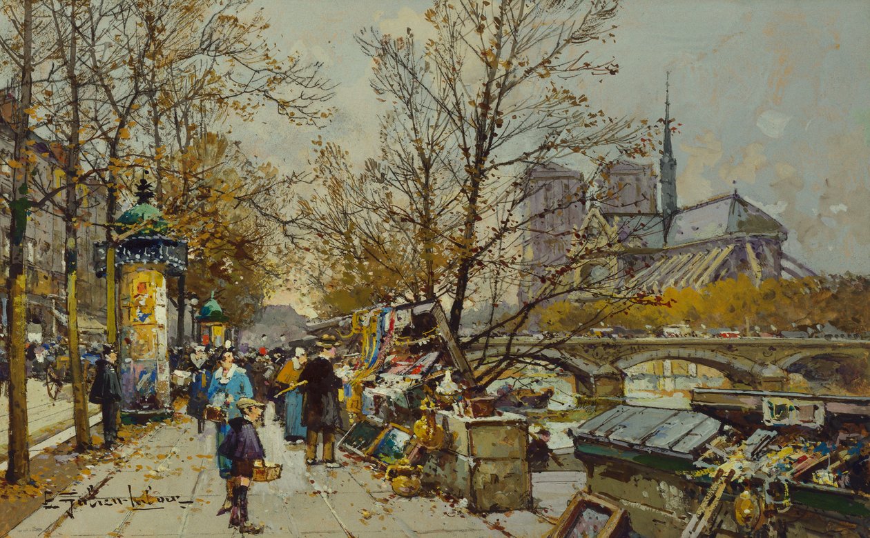 The Rive Gauche, Paris, med Notre Dame Beyond (kropsfarve på kortet) af Eugene Galien Laloue