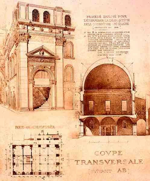 Plan, tværsnit og elevation af Loggiaen eller Palazzo del Commune, Brescia, Italien, fra 