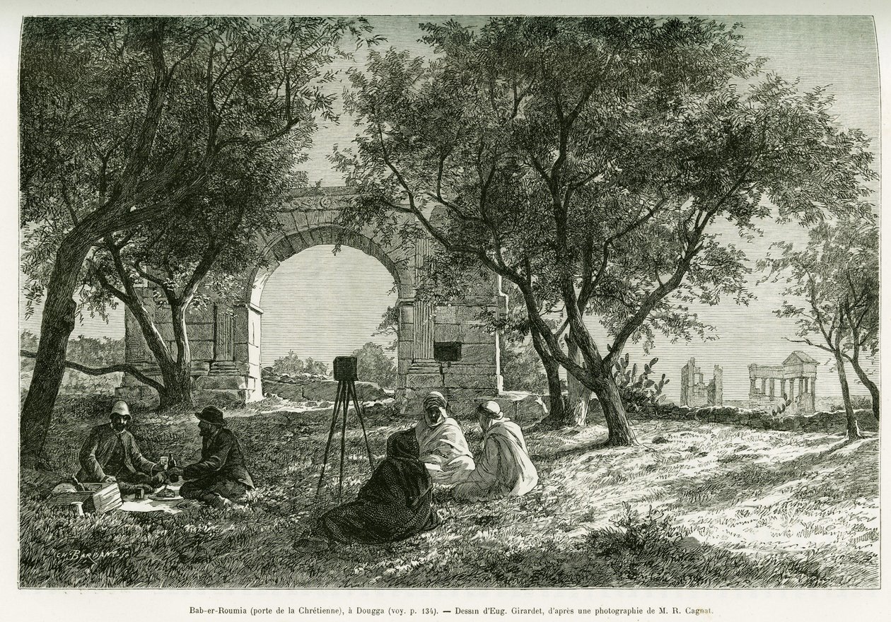 Bab-er-Roumia (Bab er Roumia), porten til den kristne kvinde, romerske ruiner i Dougga, picnic af rejsende og deres guider, omkring et kamera. Gravering af Eugene Girardet, for at illustrere historien Voyage en Tunisie, af R.Cagnat og H.Saladin, anklager o af Eugene Alexis Girardet