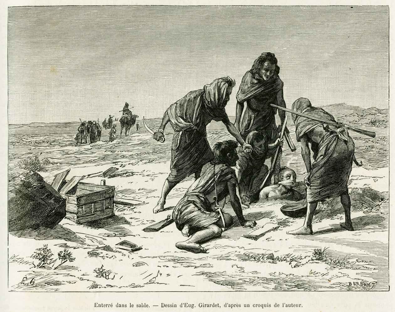Begrav i sandet. Gravering af Eugene Girardet, til illustration af historien Fem måneder i de nomadiske hedeområder i Vestsahara, i 1887, af Camille Douls, i le tour du monde 1888, under ledelse af Edouard Charton (1807-1890), Hachette, Paris. af Eugene Alexis Girardet