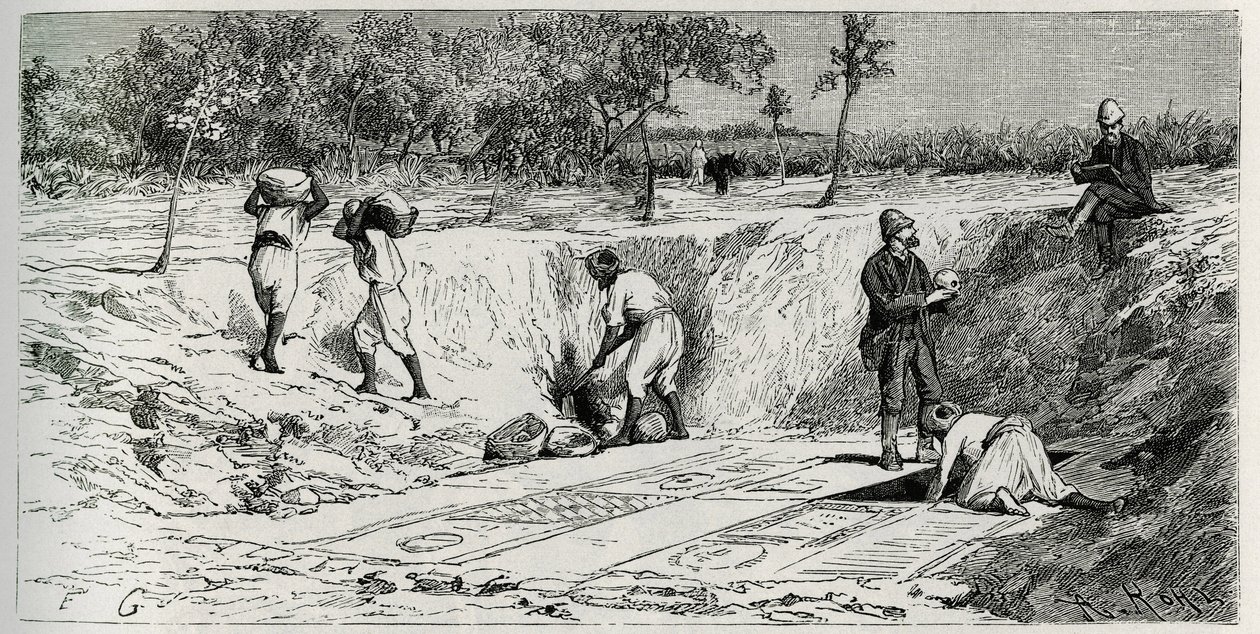 Excavations at the Christian cemetery of Lamta, with both mission charges. Engraving by Eug.Girardet, to illustrate the story “The Journey to Tunisia” ”, by Rene Cagnatdani af Eugene Alexis Girardet