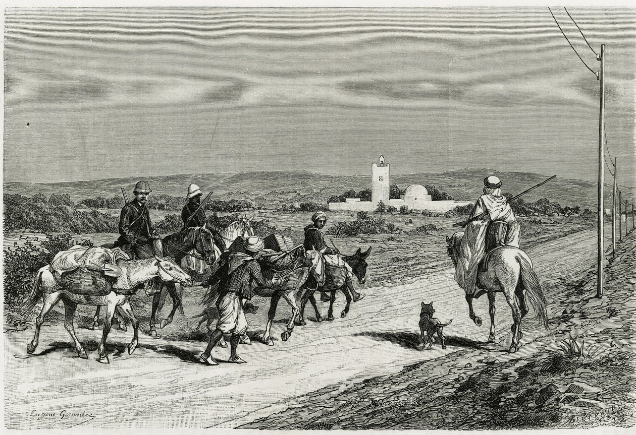 Vores trailer flytter. Graveret af Eugene Girardet, for at illustrere historien "" Voyage en Tunisie", af Rene Cagnat (1852-1937) historiker og Henri Saladin (1851-1923), arkitekt, bestilt i 1882-1883 af Ministeriet for Offentlig Undervisning. Udgivet i af Eugene Alexis Girardet