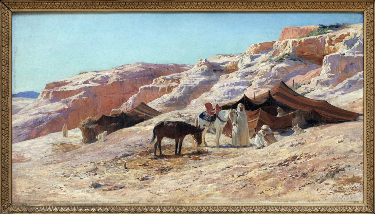 Lejren, oliemaleri på lærred af Eugene Girardet (1853-1907), lejr for en gruppe arabiske rejsende (beduiner) i et landskab af klitter. Svag. 50x60 cm. Fotografi, KIM Youngtae, Nantes, Musee des Beaux Art de Nantes. af Eugene Alexis Girardet