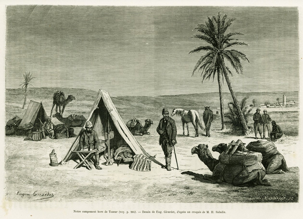 Rejselejr i nærheden af Tozeur. Gravering af Eugene Girardet for at illustrere historien Voyage en Tunisie, af R.Cagnat og H.Saladin, i le tour du monde 1886, instrueret af Edouard Charton (1807-1890), Hachette, Paris. af Eugene Alexis Girardet