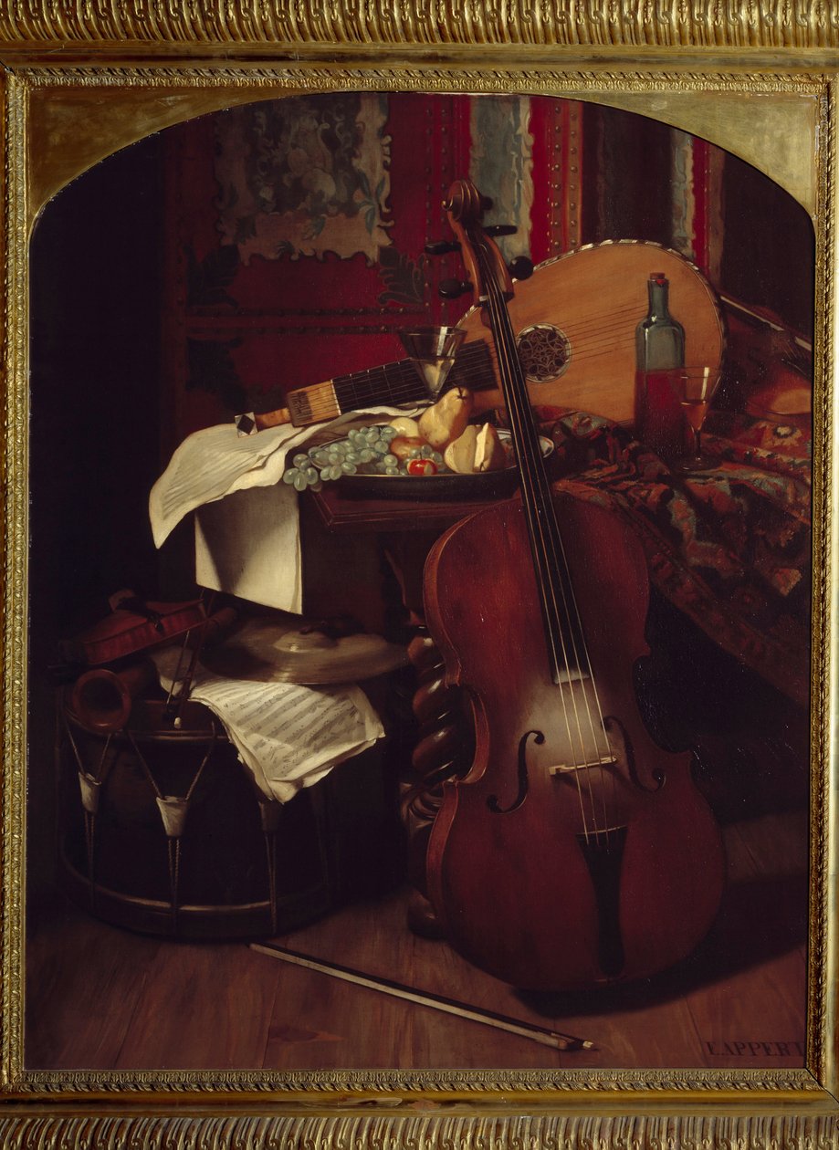Stilleben med musikinstrumenter. Maleri af Eugene Appert (1814 - 1867) af Eugene Appert