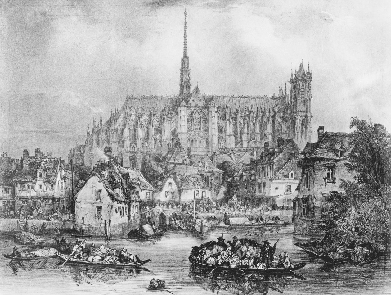 Udsigt over katedralen Notre Dame, Amiens, fra Pont Dudon (litho) (bw foto) af Eugene Balan