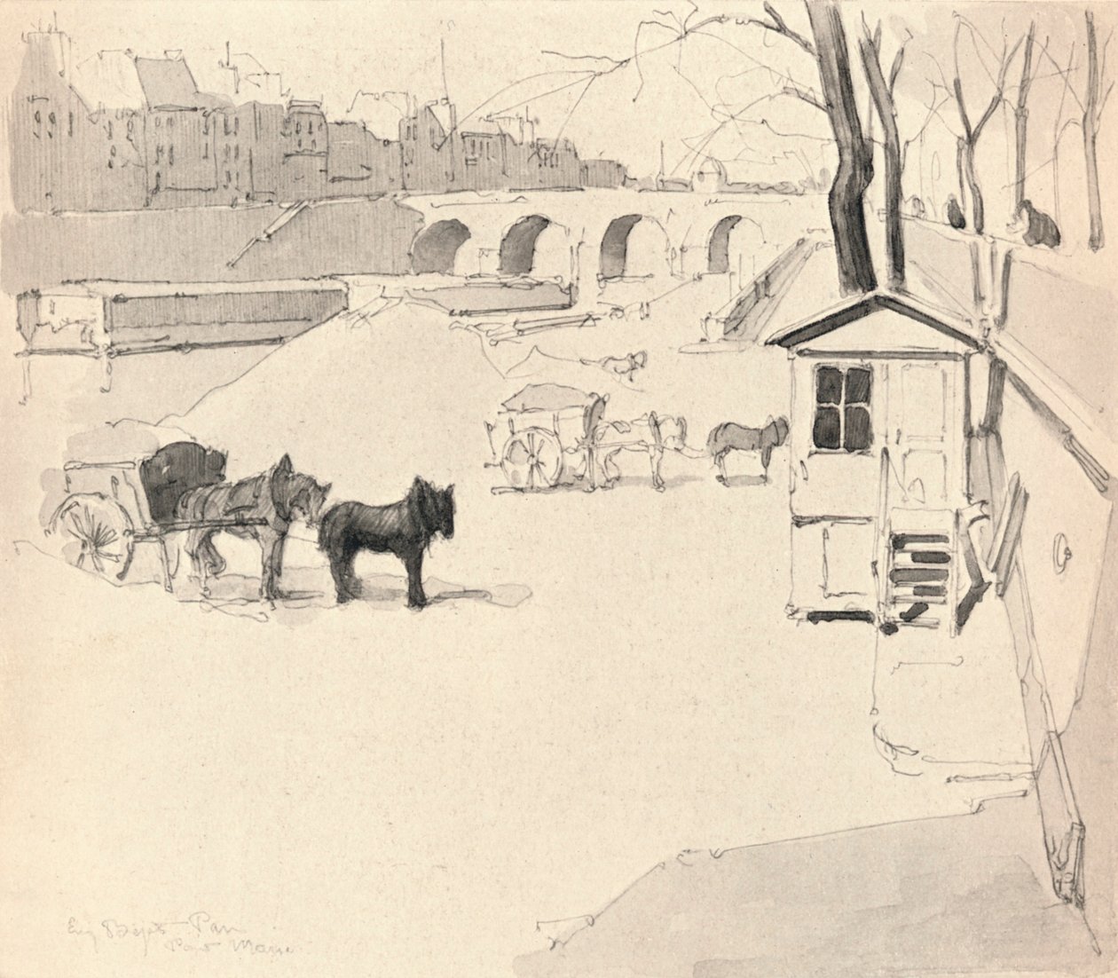 Pont Marie - Heste og vogne, 1915 af Eugene Bejot