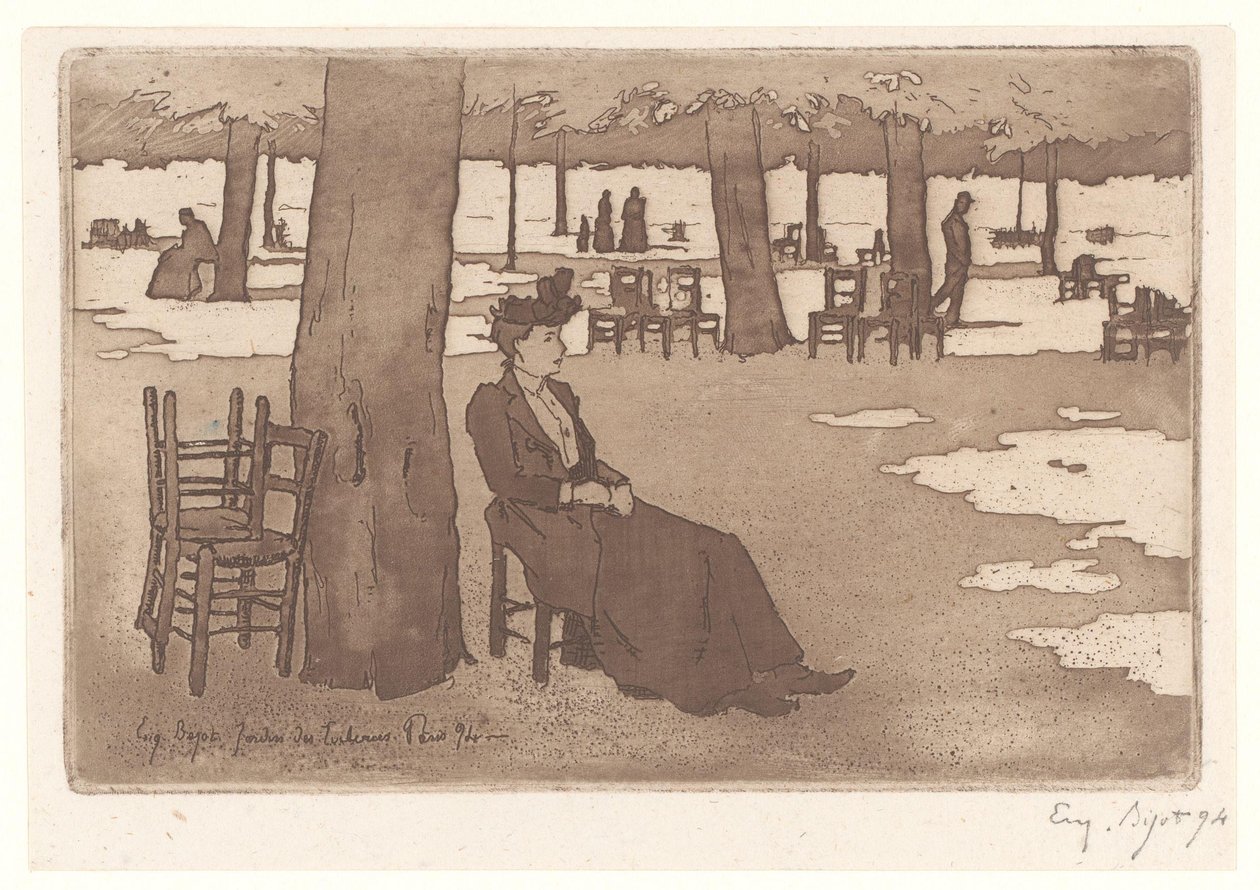 Kvinde i Tuileriehavens have i Paris Jardins des Tuileries Paris (titel på objekt) af Eugene Bejot