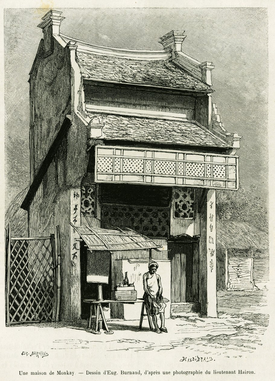 Et Monkay-hus. Gravering af Eugene Burnand til illustration af historien Sur les frontières du Tonkin, af doktor P.Neiss, i le tour du monde 1888, instrueret af Edouard Charton (1807-1890), Hachette, Paris. af Eugene Burnand