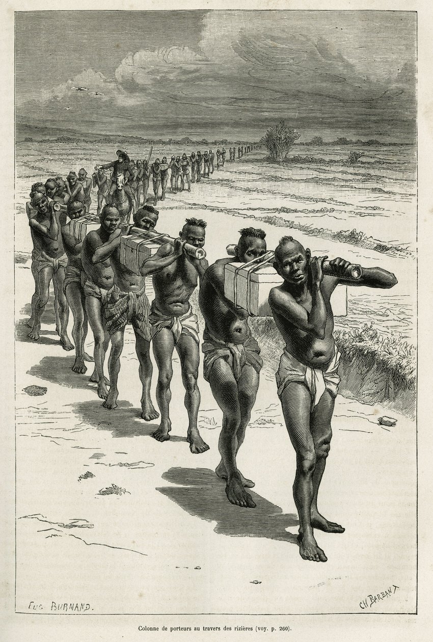 Søjle af bærere gennem rismarkerne, mellem Bassac og Hue, ætset efter en tegning af Eugene Burnand, for at illustrere historien om Laos og de vilde befolkninger i Indokina, af Dr. Harmand, i 1877, udgivet i tour du monde, under det direkte af Eugene Burnand