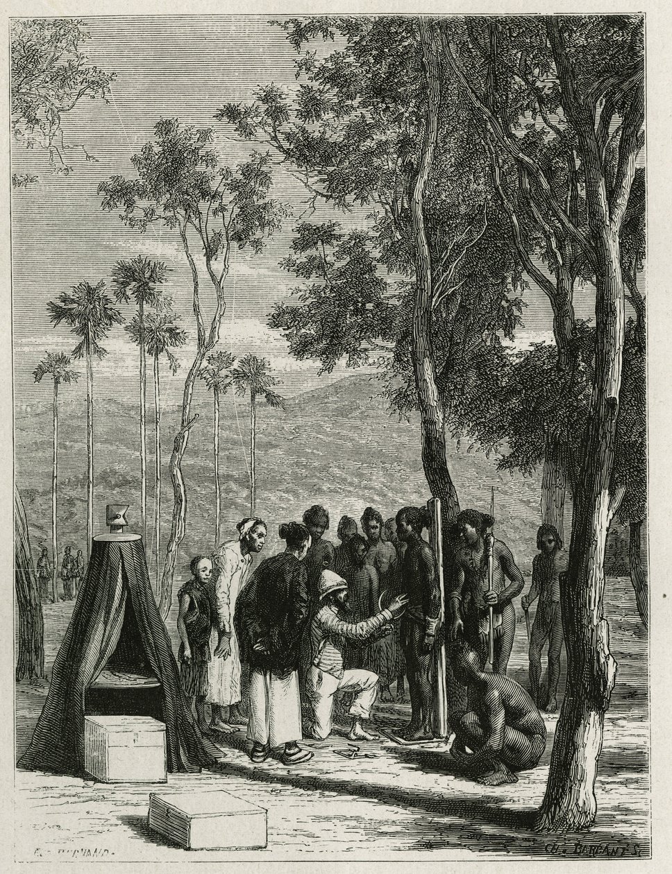 Dr. Harmand foretager en antropologisk måling af den oprindelige Khas, en Attopeu (Laos), gravering af Eugene Burnand, for at illustrere historien om Laos og de vilde befolkninger i Indokina af Dr. Harmand, i 1877, offentliggjort i tour du monde, under af Eugene Burnand