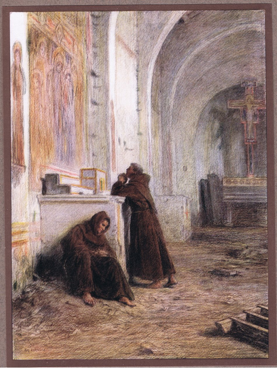 Broder Giles og hans ledsager besvimer af sult i en øde kirke, 1919 af Eugene Burnand