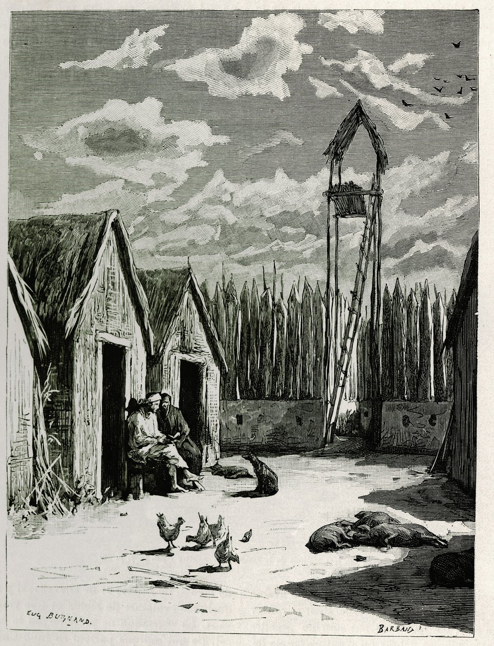 Missionærpladsen i Meuong Ngan. Gravering af Eugene Burnand, for at illustrere historien "Rejsen i Øvre Laos", i 1880, af Dr. P.Neis. Udgivet i Le Tour du monde, nouveau journal des voyages, 2. semester 1885, redigeret af Edouard Charton (1807-1890), red. af Eugene Burnand