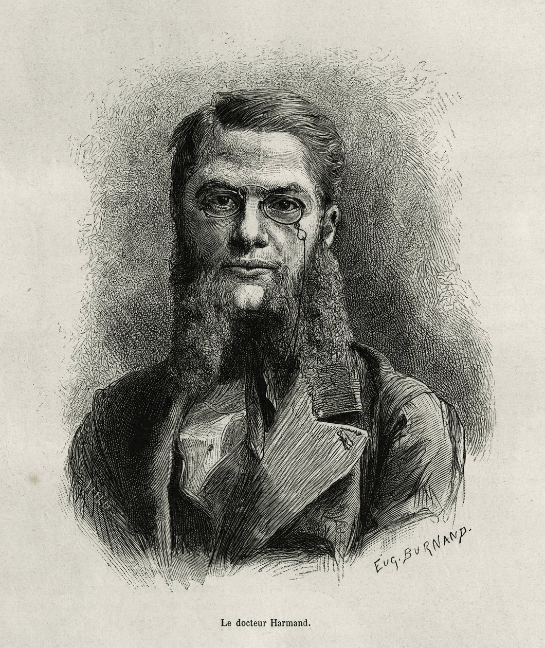 Portræt af Dr. Harmand, gravering af Eugene Burnand, til illustration af Dr. Harmands historie om Laos og de vilde befolkninger i Indokina, 1877, udgivet i Tour du Monde under ledelse af Edouard Charton. af Eugene Burnand