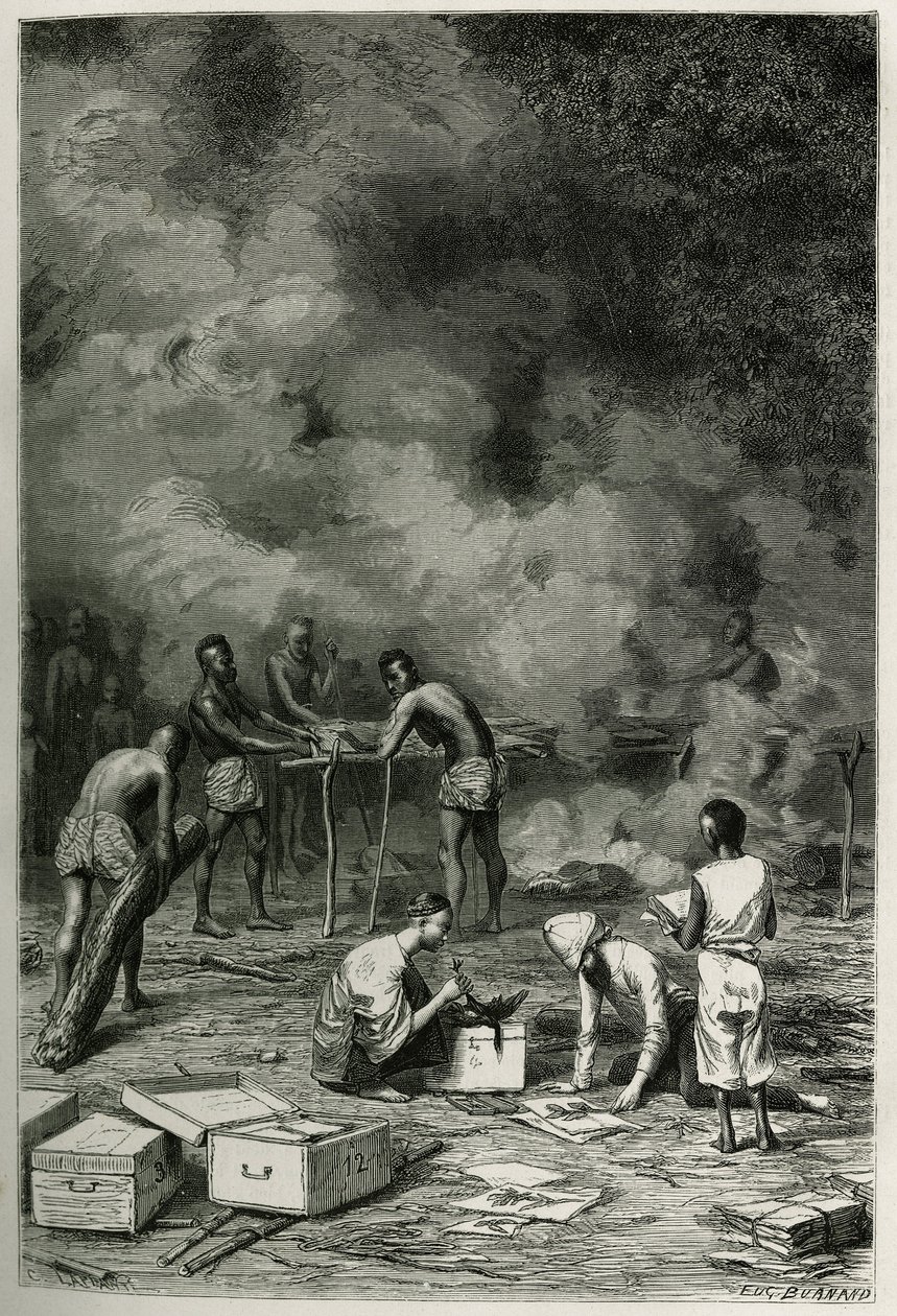 Tørringen af herbarieplanter på store bambusler, før lægen klassificerer dem og opbevarer dem i sine kasser, graveret af Eugene Burnand, for at illustrere historien om Laos og de vilde befolkninger i Indokina af doktor Harmand, i 1877, udgivet af Eugene Burnand