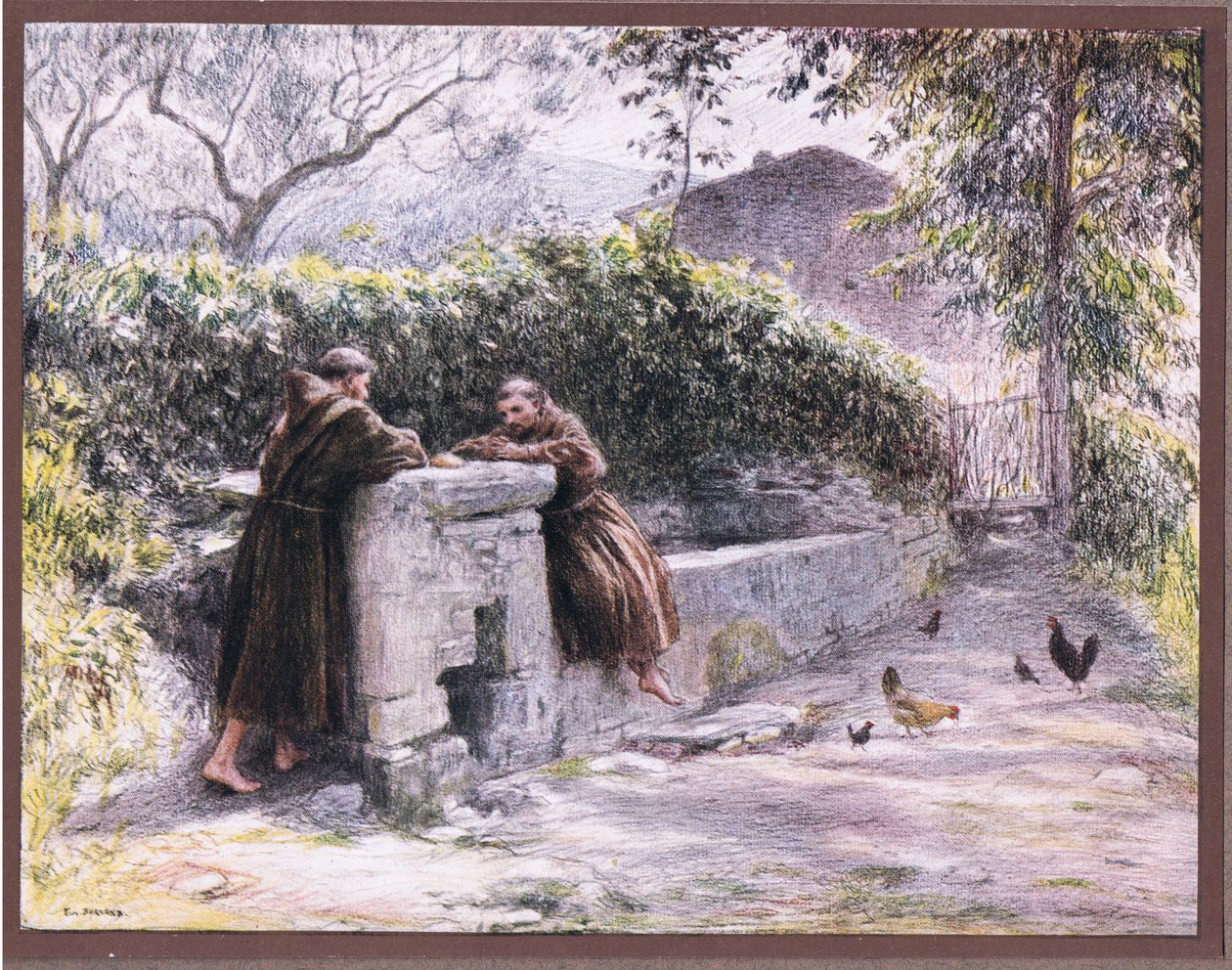 Pasta af St Francis og Friar Masseo ved springvandet. Den hellige Frans lovpriser fattigdom, 1919 af Eugene Burnand