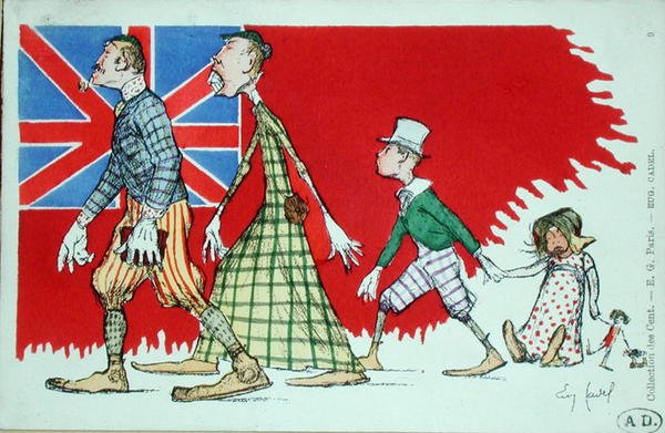 Britisk familie som opfattet af franskmændene, postkort (farve litho) af Eugene Cadel