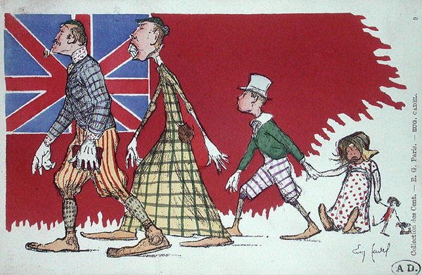 Postkort med en karikatur af en britisk familie af Eugene Cadel