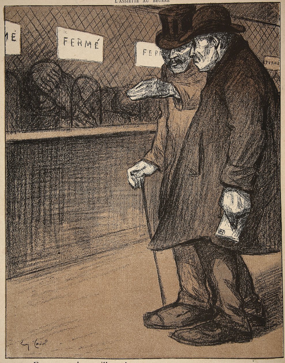 To ældre herrer går forbi lukkede skranker, illustration fra 
