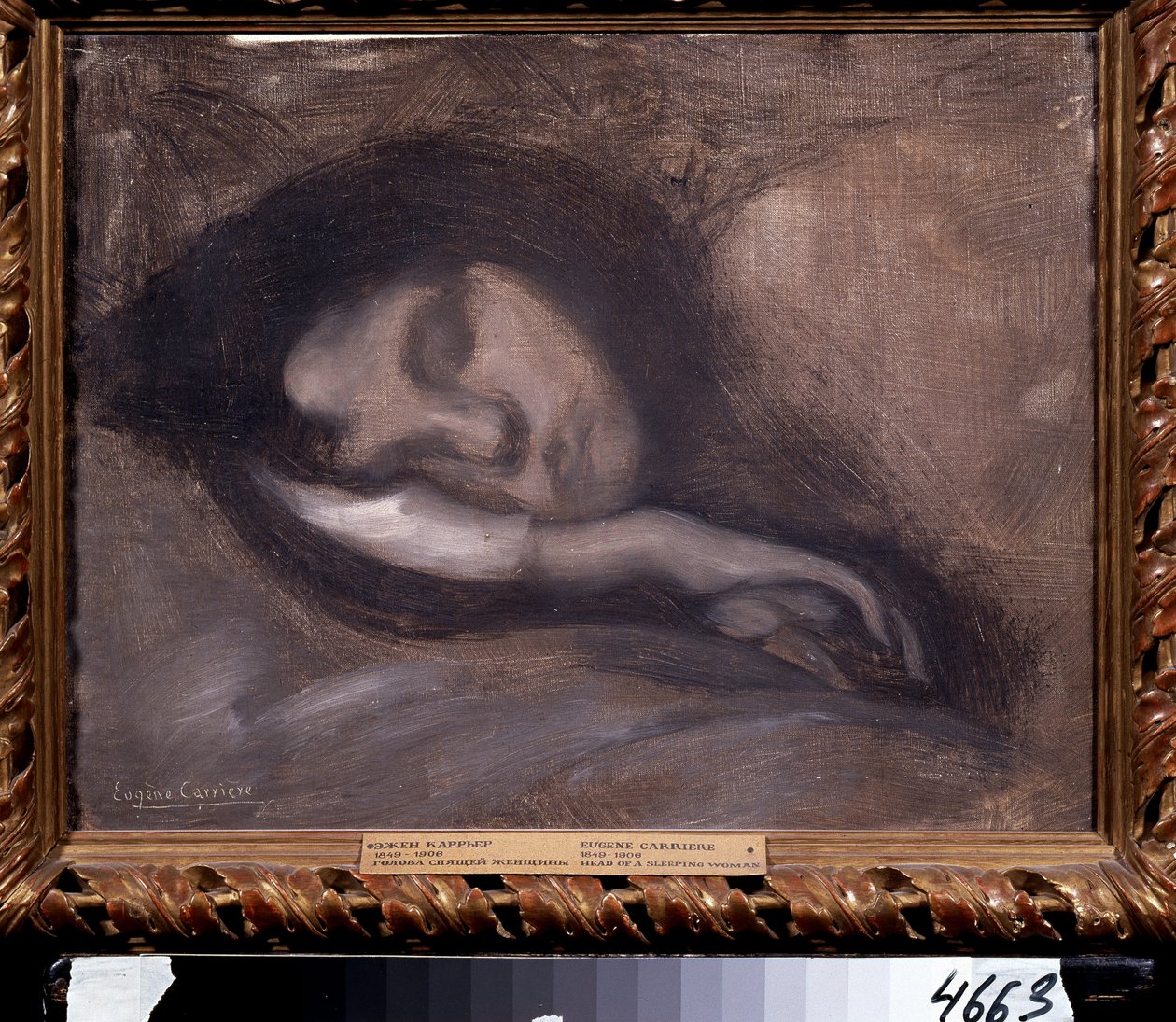 Hovedet af en sovende kvinde. Maleri af Eugene Carriere (1849-1906). Mål: 36x47 cm. Olie på lærred. Symbolik. Pushkin Museum, Moskva af Eugène Carrière