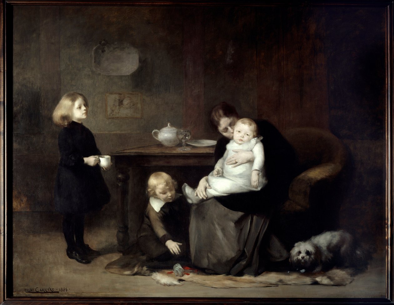 Det syge barn En enkemor kysser sin syge baby. Maleri af Eugene Carriere (1849-1906) 1885 søn. 2x2,46 m Paris, musee d
