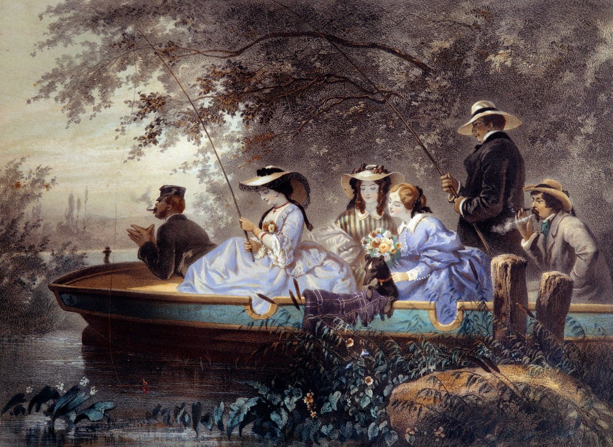 En søndag med familien, fiskeri i floden Litografi af Eugene Guerard (1821-1866) Paris fra det 19. århundrede, Musee Carnavalet af Eugene Charles Francois Guerard