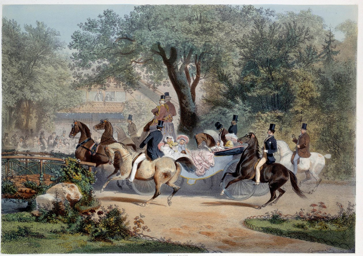 Promenadescene ved Le Pre Catelan (Pre-Catelan) i Paris Litografi af Eugene Guerard (1821-1866) Paris fra det 19. århundrede, Musee Carnavalet af Eugene Charles Francois Guerard