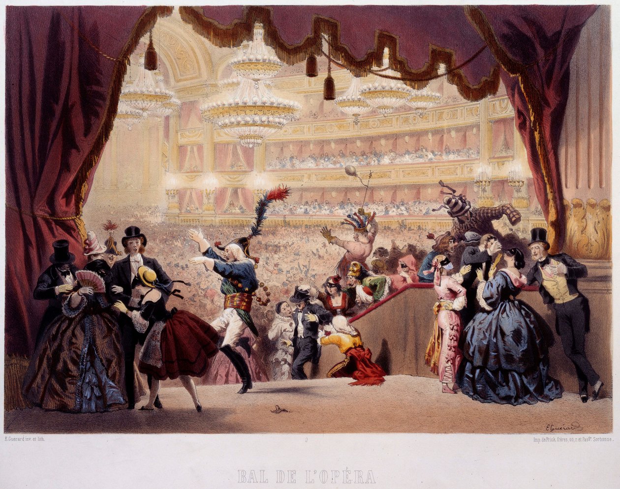 Maskeballet i Opera de la Rue Le Peletier i Paris Dette bal blev kaldt Grand Veglione. Litografi af Eugene von Guerard (1811-1901) Paris fra det 19. århundrede, Musee Carnavalet af Eugene Charles Francois Guerard