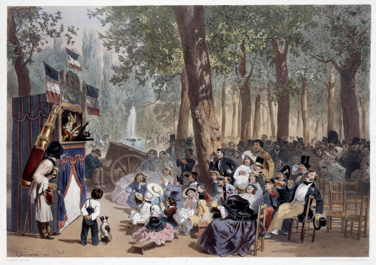 Visningen af guignolerne på Champs Elysees i Paris i det 19. århundrede. Tryk af Eugene Guerard (1821-1866) Paris fra det 19. århundrede, Musee Carnavalet af Eugene Charles Francois Guerard
