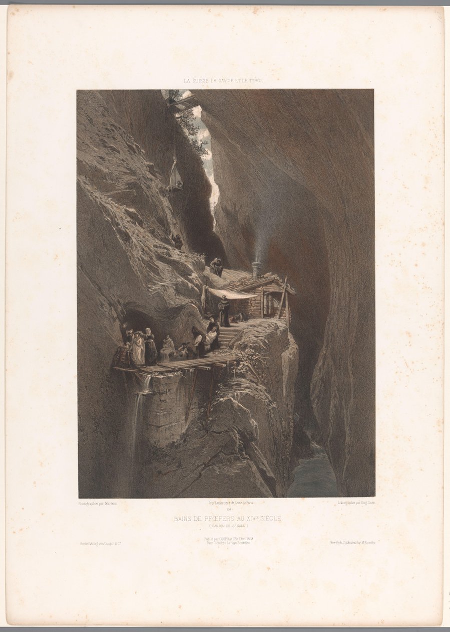 Besøgende til de medicinske bade i Pfäfers i middelalderen Bains de Pfäfers au XIV. Siècle (titel på objekt) Ansigter i Schweiz, Savoy og Tyrol (serietitel) La Suisse, la Savoie et le Tyrol (serietitel på objekt) af Eugene Ciceri