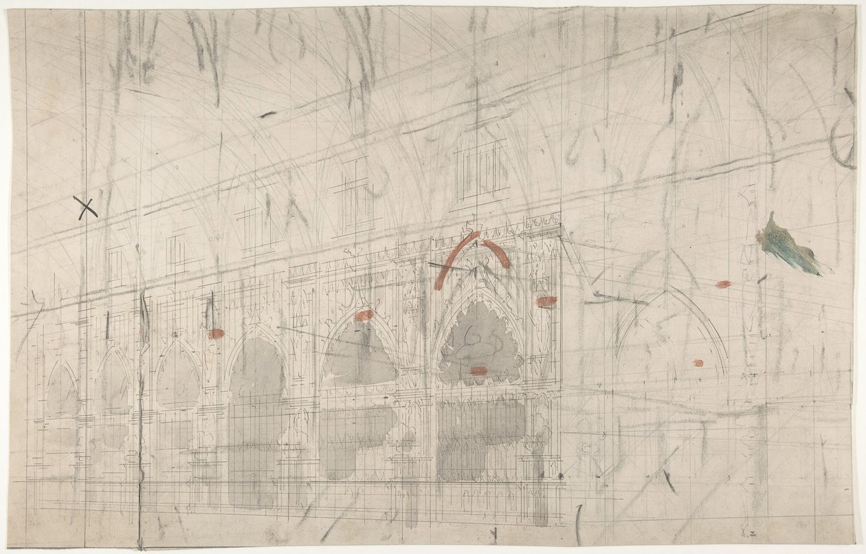 Design til en scene i Opéra, Paris: Kirkens interiør, 1830-90. af Eugene Ciceri