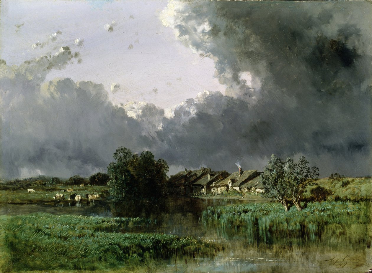 Hamlet ved kanten af en dam, 1849 af Eugene Ciceri