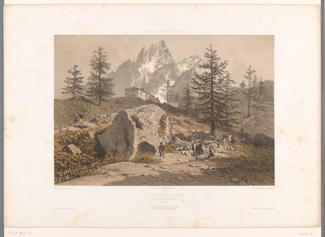 Landskab med vandrere og udsigt over Aiguille des Grands Charmoz Aiguille de Charmoz (titel på objekt) Seværdigheder i Schweiz, Savoy og Tyrol (serietitel) La Suisse, la Savoie et le Tyrol (serietitel på objekt) af Eugene Ciceri