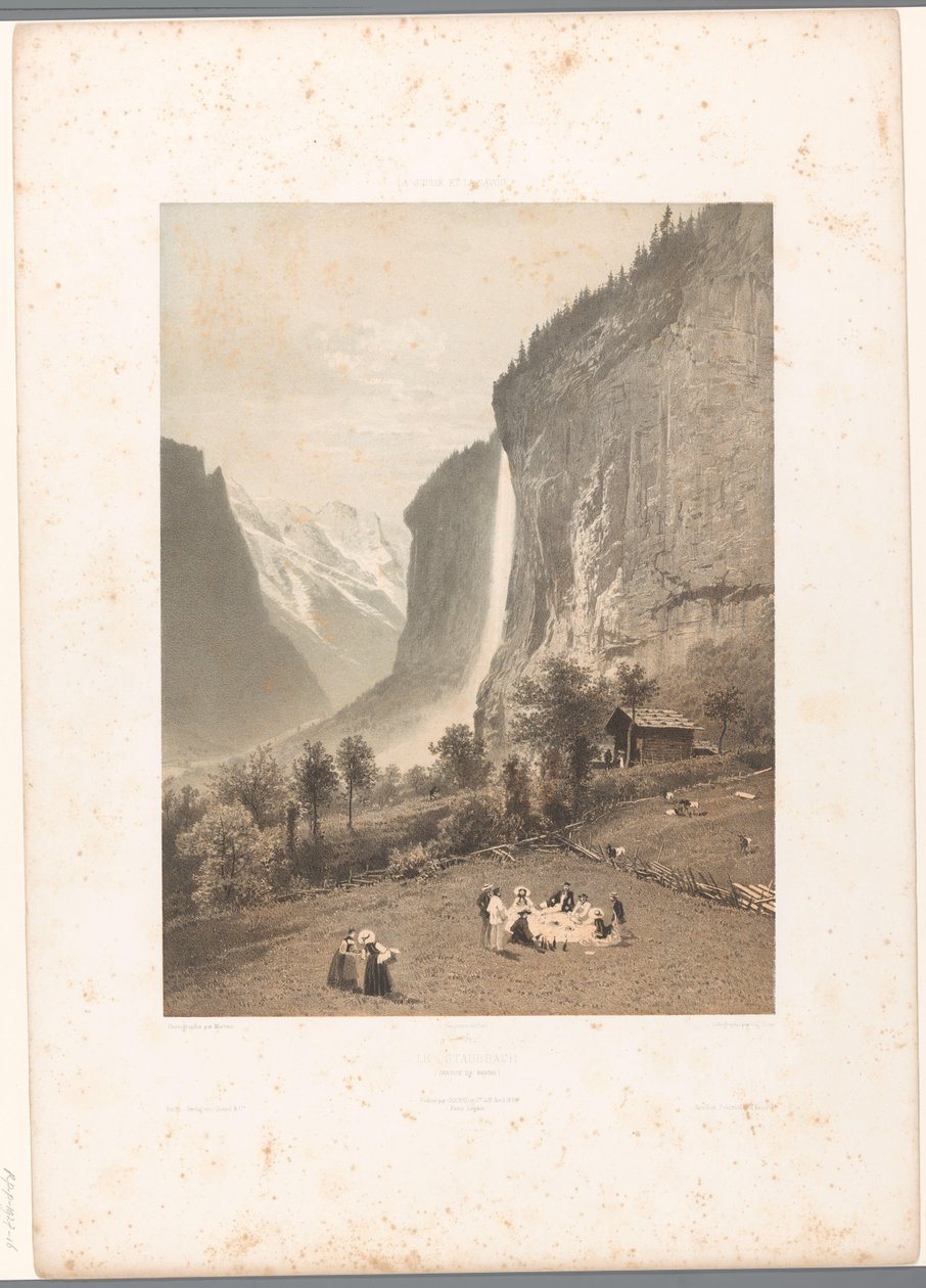 Picnic med udsigt over Staubbach-vandfaldet Le Staubbach (titel på objekt) La Suisse et la Savoie (serietitel) Ansigter i Schweiz og Savoy (serietitel på objekt) af Eugene Ciceri