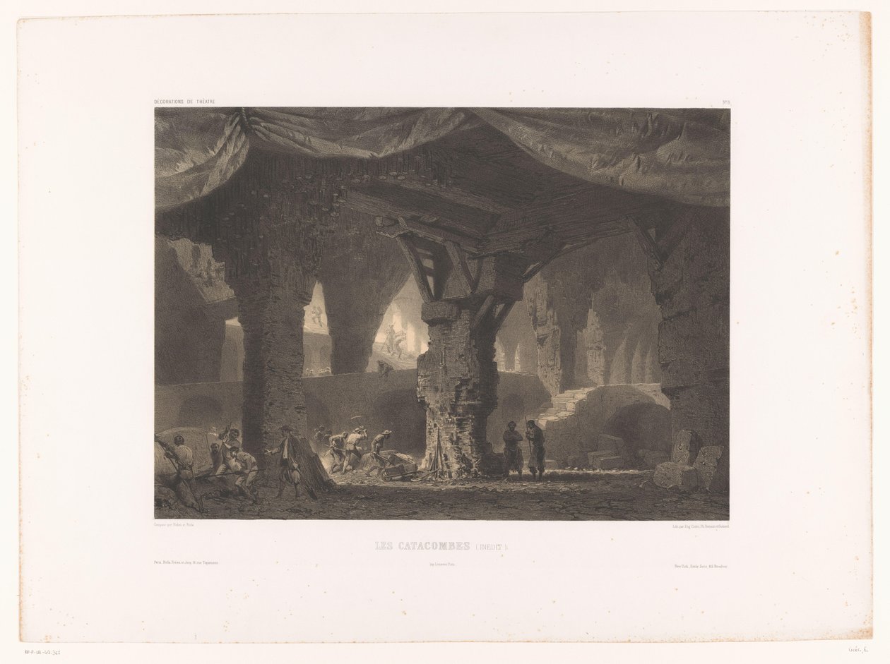 Teaterindretning med katakomben Les katakomber (redigeret) (titel på objekt) Teaterdekorer (serietitel) Décorations de théâtre (serietitel på objekt) af Eugene Ciceri