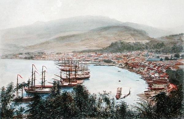 Udsigt over Saint-Pierre set fra pistolbatteriet ved Sainte-Marthe, Martinique (farvelitografi) af Eugene Ciceri