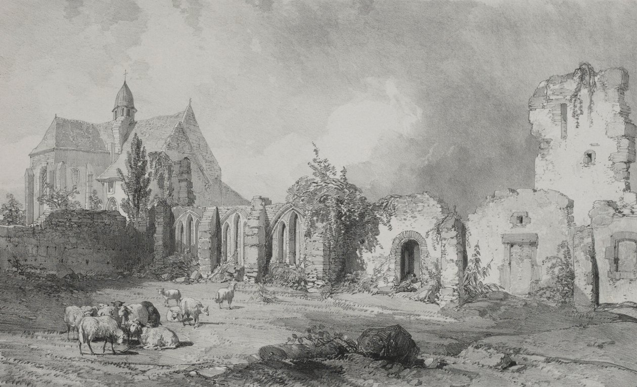Maleriske og romantiske rejser i det gamle Frankrig. Bretagne: Abbey of Relec. af Eugene Ciceri