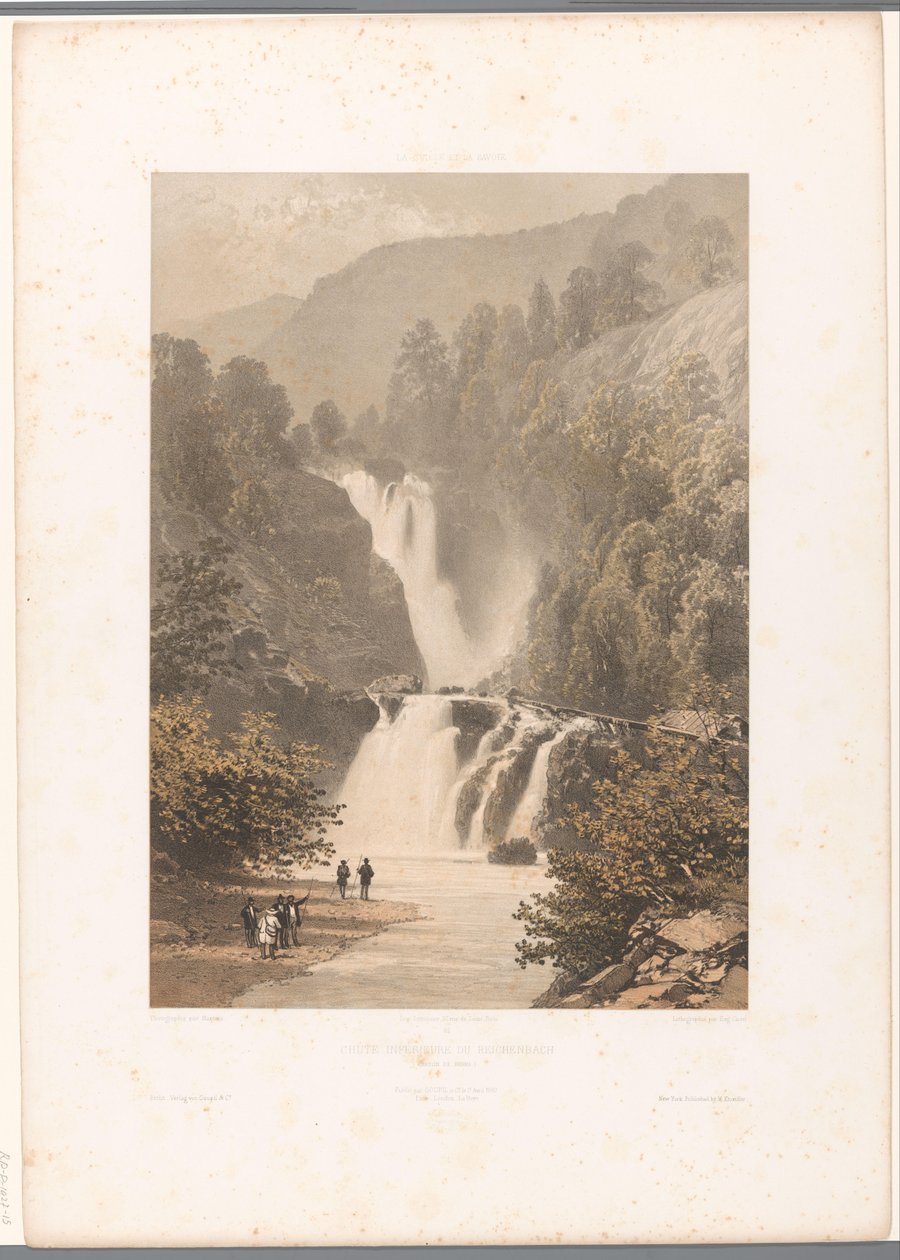 Vandrere med udsigt til Reichenbach-vandfaldet Chateau inferior du Reichenbach (titel på objekt) Ansigter i Schweiz og Savoy (serietitel) La Suisse et la Savoie (serietitel på objekt) af Eugene Ciceri